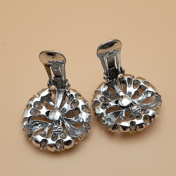 Vintage AB Blue Rhinestone Faux Pearl Clip Earrings 1960s - Picture 11 of 11